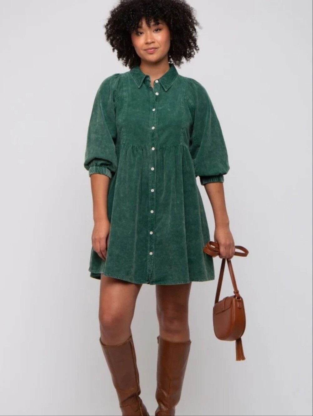 Entro Button-Front Corduroy Mini Dress in Forest Green Size Large